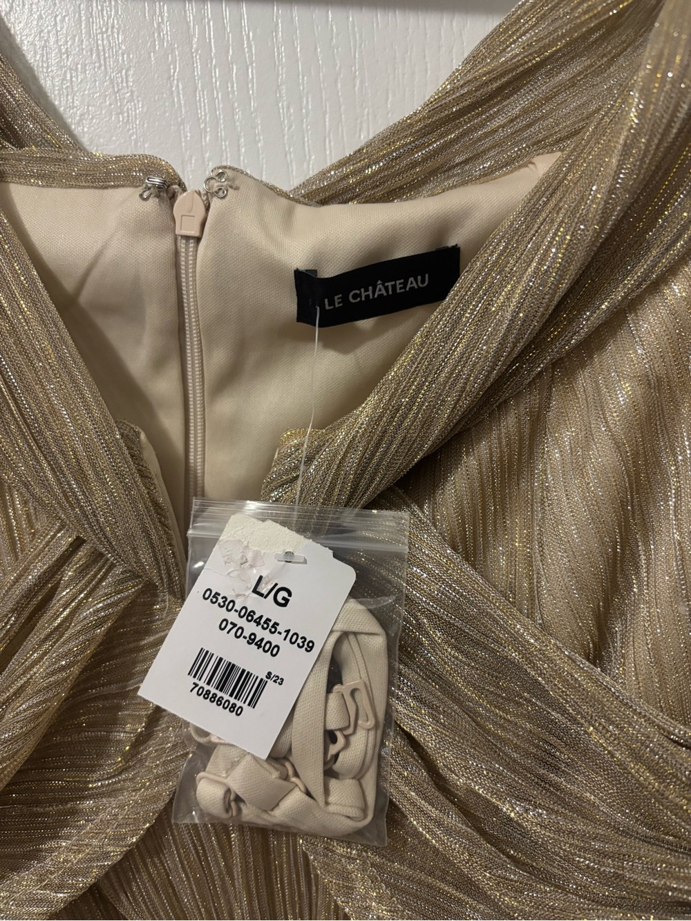 Gold Metallic Pleated V-Neck Party Dress - Picture 3 of 4